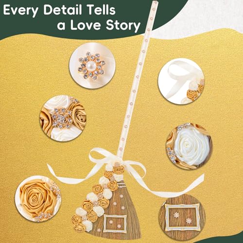 SAMAUAU Wedding Broom for Jumping Ceremony – 40in White & Gold Ceremonial Keepsake with Velvet Roses, Crystals, Brooch & Photo Frame, African American Jump The Broom Gift - Thumbnail 7