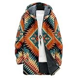 Mens Long Hooded Boho Cardigan Oversized Sweater Aztec Western Cowboy Zip Vintage Native American Clothing Hoodie Cotton Tribal Coat Winter Jackets Spring Fall Outfit with Pockets,L