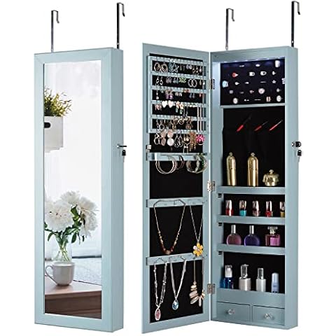 Galunt Mirror Jewelry Cabinet with 6 LED Lights, 43.4" H Wall/Door Mounted Jewelry Armoire with Full Length Mirror, Lockable Jewelry Storage Cabinet, Hanging Jewelry Cabinet, Gift Idea Cover