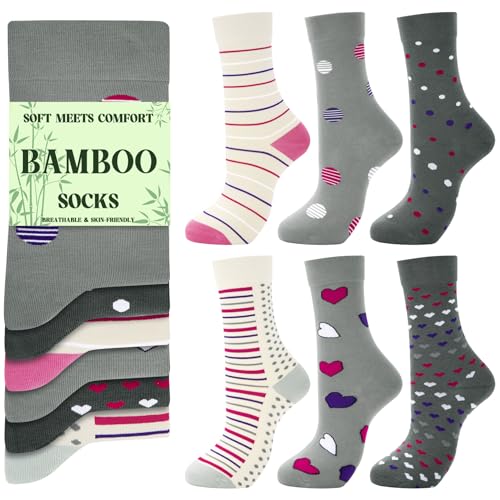 Cropgain 6 Paar Damen Socken Bunte Bambus Socken Atmungsaktive Socken Geschenke für Frauen Weihnachten Nachhaltige socken Farbe 10，Einheitsgröße