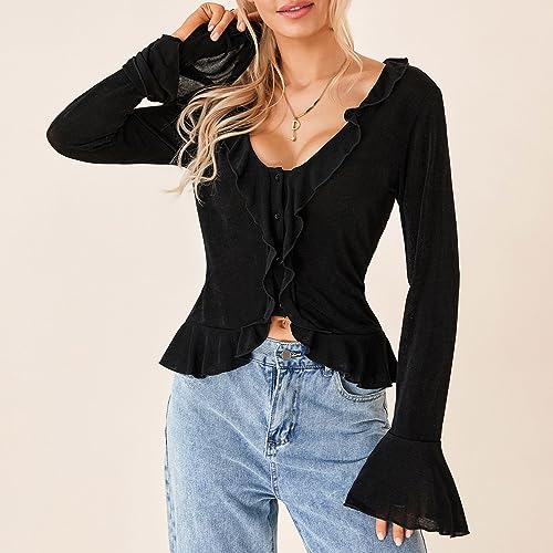 Women Y2K Long Sleeve Ruffle Crop Top Flare Long Sleeve V Neck Button Down Cardigan Cute Going Out Tops Streetwear3