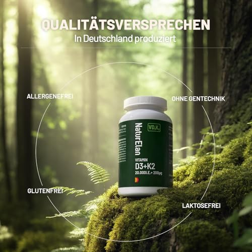 Vitamin d3 k2 hochdosiert 20000I.E. + Vitamin K2 MK7 200 mcg pro Dosis, 180 Vegetarisch Depot im Jahresvorrat, Ohne Zusätze, In Deutschland Produziert
