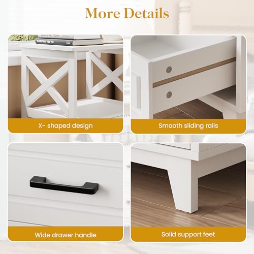 Image of RoyalCraft 30 inch Tall Nightstand, Modern Painted Bedside Table with 2 Drawers and Open Shelf, Wood Side Table for Bedroom, Home Office, White-Open Shelf Above, Set of 1