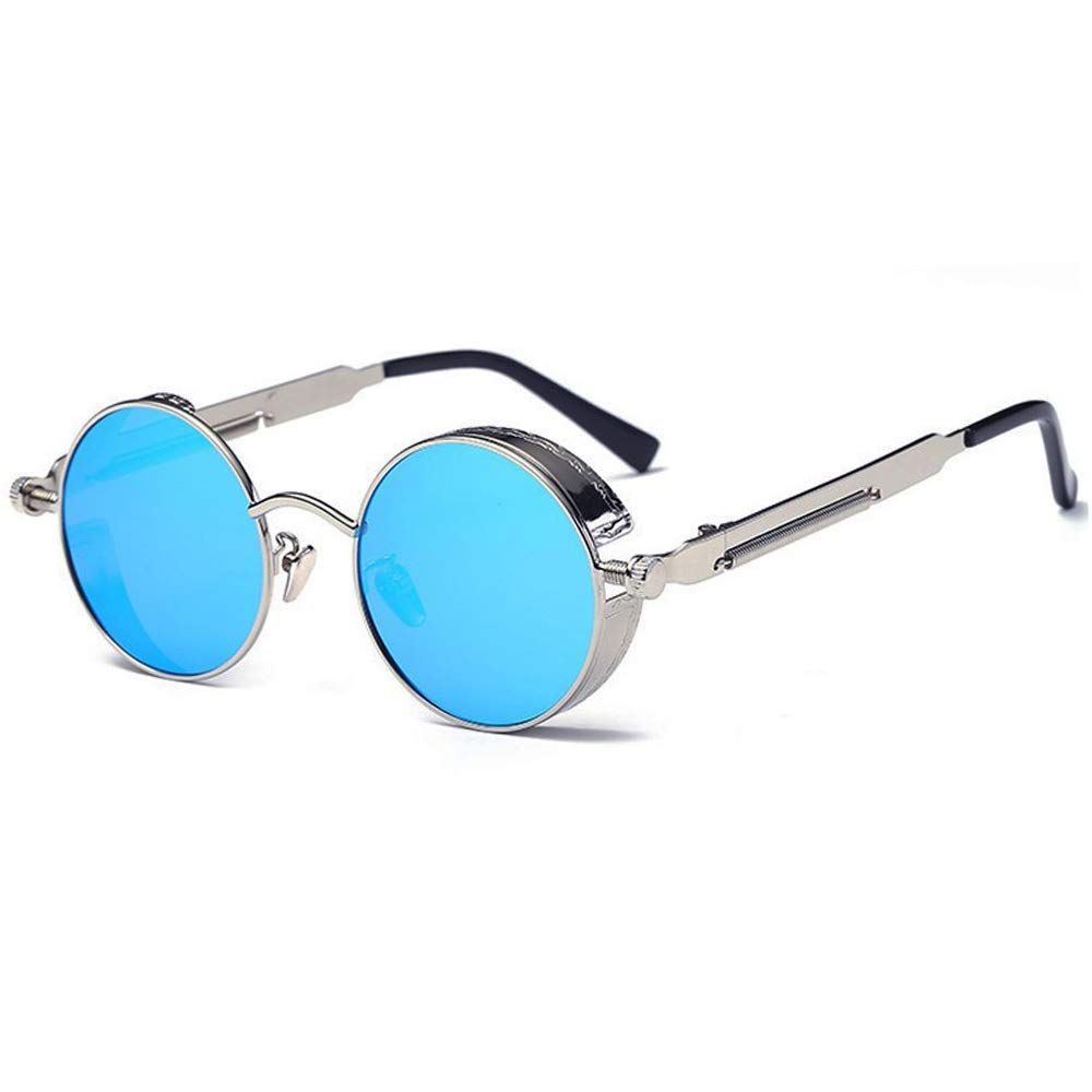 Mens Round Sunglasses, Silver Frame, Blue Mirror Lens (Large) Pack of 1-image-43