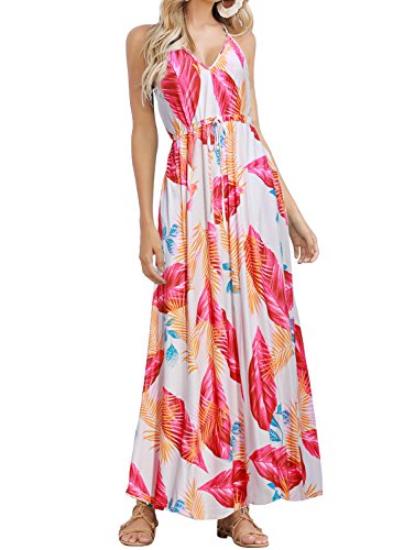 HUSKARY Hawaiian Dresses for Women Beach Summer Maxi Dress with Pockets Sleeveless Spaghetti Strap Casual Long Sundress Red Palm Leaf S