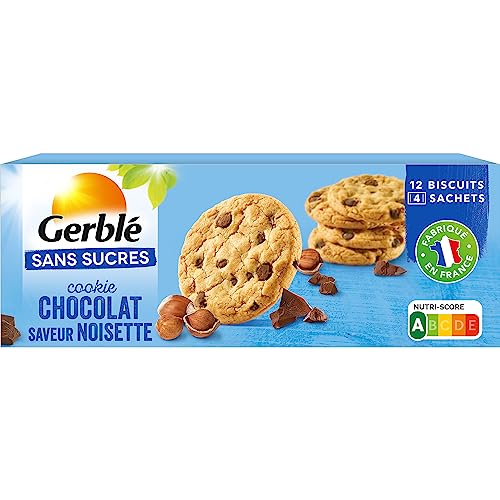 GERBLÉ – Cookies Chocolat Noisette – Sans Sucres – Cacao Durable – Sans Huile de Palme – Nutri-Score A – 4 Sachets Individuels – 12 Cookies – 130 g