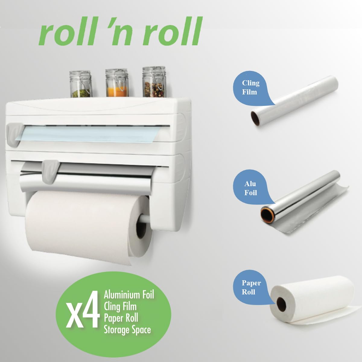 Metaltex 254410 Dispenser portarotolo da cucina Roll-n-Roll 4-in-1, bianco, 39 x 10 x 25 cm.