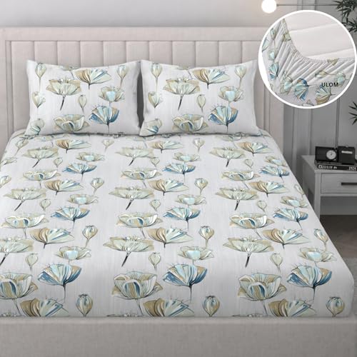 Image of 350 TC Premium Heavy Cotton Feel Elastic Fitted Bedsheet Queen Size with 2 Pillow Covers || Double Bed with All Around Elastic (White Flower Leaf, Fitted - 72 inchx78 inch King)