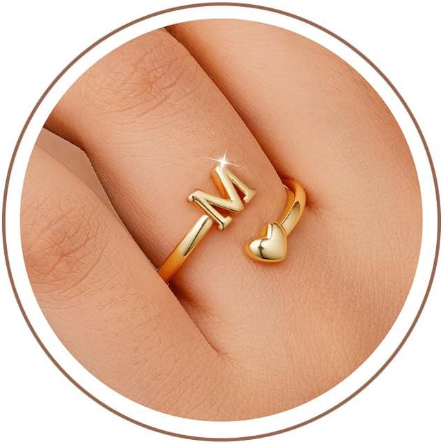 M MOOHAM Gold Rings for Women Girls - 14K Gold Plated Initial Rings for Women Non Tarnish Letter A- Z Dainty Heart Ring Adjustable Pinky Ring Personalized Jewelry Gifts