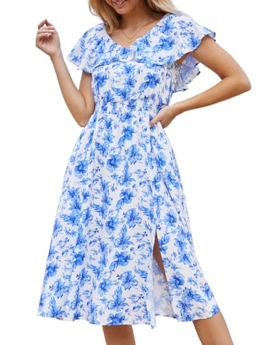 Image of Bridesmay Womens Summer Floral Midi Dresses Ruffle Sleeve Beach Wedding Guest Dress V Neck Swing Flowy Dresses