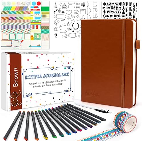 Dotted Journal Set, 224 Numbered Pages Faux Leather A5 Grid Hard Cover Brown Notebook Planner with Index Inner Pocket, Abundant Accessories for Beginners Diary Schedule by Feela
