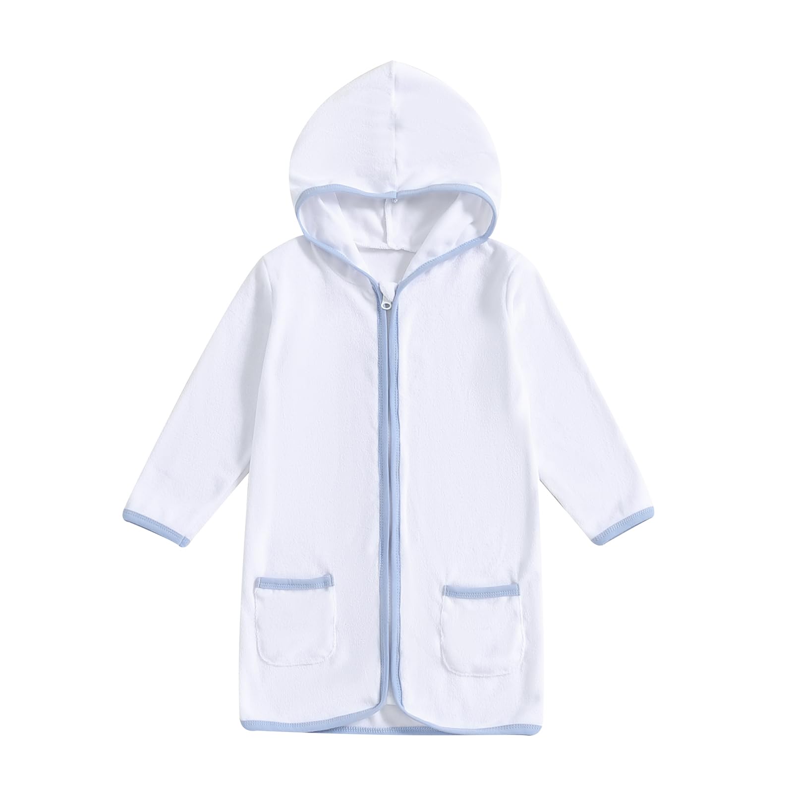 Biayxms Girls Boys Terry Cloth Swim Cover Up Zip Up Long Sleeve Hooded Bathing Suit Coverup Beach Pool Robe Cover-Up Kimono (Blue, 3-4 Years)
