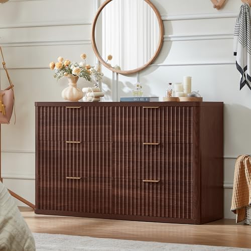 Image of LEYAOYAO Fluted 6 Drawers Dresser for Bedroom, 48 inch Wide Modern Chest of Drawers with Metal Handle, Walnut Curved Profile Farmhouse Closet Organizer Wood Dressers TV Stand for Living Room, Hallway
