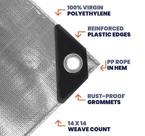 Image of Extra Heavy Duty 14 Mil Tarp Cover, Waterproof, UV Resistant, Rip and Tear Proof, Poly Tarpaulin with Reinforced Edges for Roof, Camping, Patio, Pool, Boat (Silver /Black 30′ X 70′)