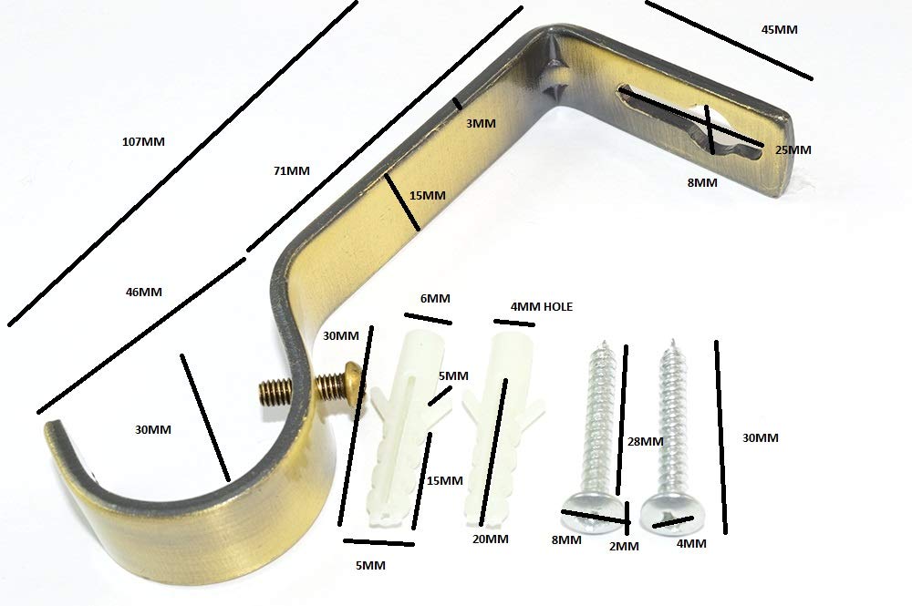 2 x Antique Brass Effect Steel Curtain Rod Rail Support Brackets 28MM