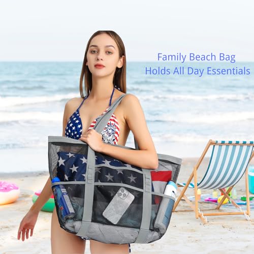 Image of Beach Bag, F-color Mesh Beach Bag Oversized Beach Tote 8 Pockets Beach Toy Bag Lightweight Beach Tote Bag for Women Picnic Travel