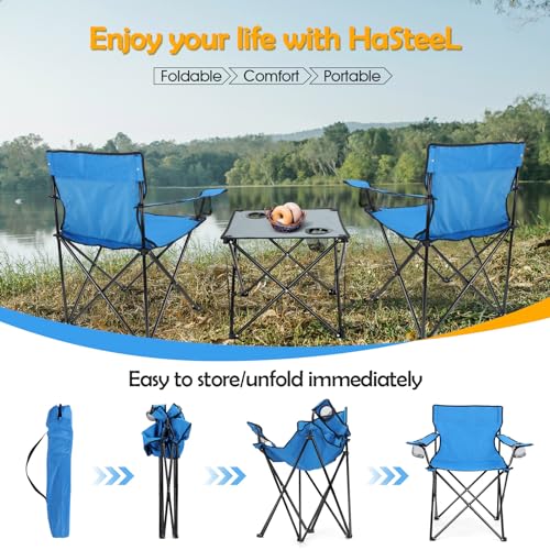 Image of HaSteeL Folding Camping Chair Set of 3, Foldable Blue Camp Chairs & Grey Table, Large Lawn Chair Portable for Adults Hiking, Fishing, Picnic, Outdoor BBQ, Travel, Sports, Cup Holders & Storage Bags