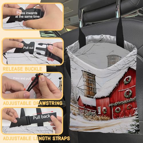Image of Snowy Red Barn Car Trash Bag,Mistletoe Wreaths Strap Drawstring Car Garbage Bags,Car Back Seat Organizer with Adjustable Buckle for Car Accessories