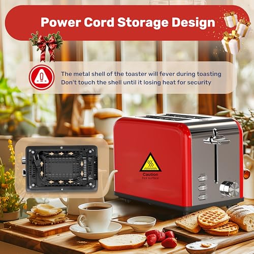 YSSOA-Stainless-Steel-Toaster-2-Slice-with-Extra-Wide-Slot-Removable-Crumb-Tray-6-Shade-Settings-and-BagelDefrostCancel-Functions-Compact-Oven-for-Various-Bread-Waffle-Red-New