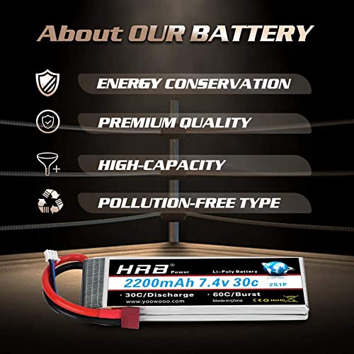 HRB 2PCS Batteria Lipo 2S 7.4V 2200mAh 30C con