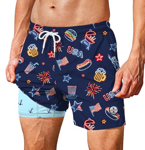 Image of Men's 5'' Swim Trunks with Compression Liner Graphic Beach Dry Fit Lightweight Bathing Shorts (S-XXL)