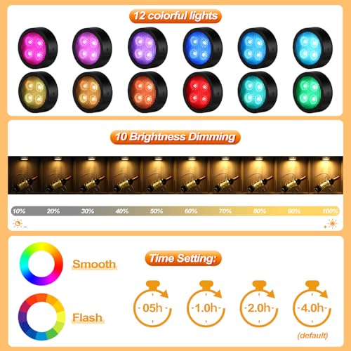 Image of Puck Lights with Remote Timer, Under Cabinet Kitchen Lights Battery Operated LED Lights, Stick on Shelf Lights Wireless Counter Lights, RGB Color Changing Display Lights, 4 Pack Black