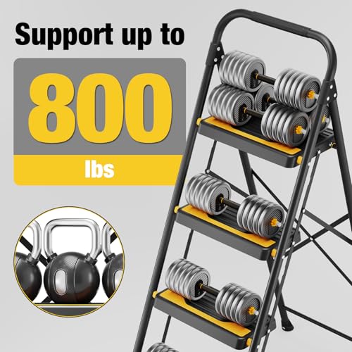 Urackify 4 Step Ladder, Heavy-Duty 800lb Capacity, Wide Anti-Slip Steps & Secure Handrail Compact, Folding Step Stool Portable Design for Home, Kitchen, Office, Pantry, Closet Use, Black - Image 4