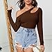 Women's Temperament Slanted Off Shoulder Long Sleeved Irregular Knitted T Shirt with Slim Fit Short Sleeve T (Brown, M)