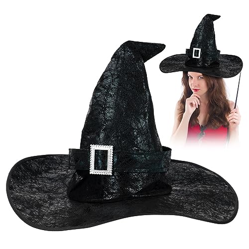 Aomig Black Witch Hat Women Large Halloween Witches Hat Adult Wide Brim Pointed Hat Fancy Dress Costume Party Masquerade Cosplay Accessories Head Decor - Image 2