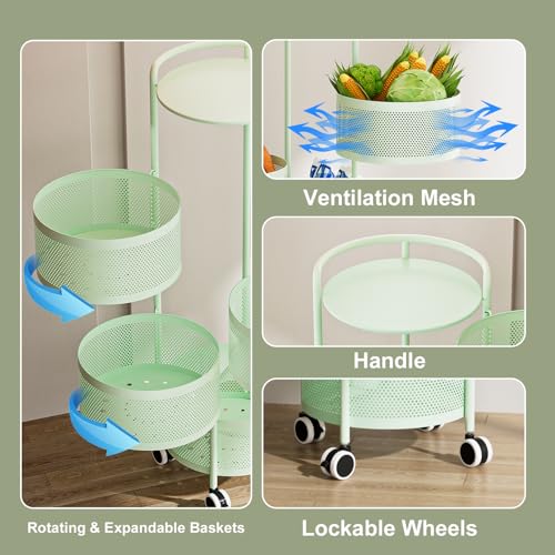 Image of JAQ Rotating Fruit Basket, 5-Tier Metal Sturdy Kitchen Storage Rack Shelf Carts No Assembly on Rolling Wheels for Fruit Vegetable Grocery Corns Potato Onion (5-Tier, Green)