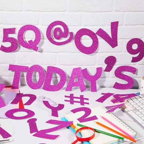 Image of Colarr 216 Pcs Glitter Bulletin Board Letters for Classroom Number Alphabet Punctuation Symbol Cutout 4'' Die-Cut Poster Letter with Adhesive Dot School Party Holiday Decor Display(Purple)