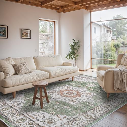 Living Room 6x9 Area Rug - Vintage Washable Rugs with Non Slip Backing Soft Stain Resistant Carpet for Bedroom Indoor Ultra-Thin Low Pile Carpets Home Decor Mat 6x9 sage