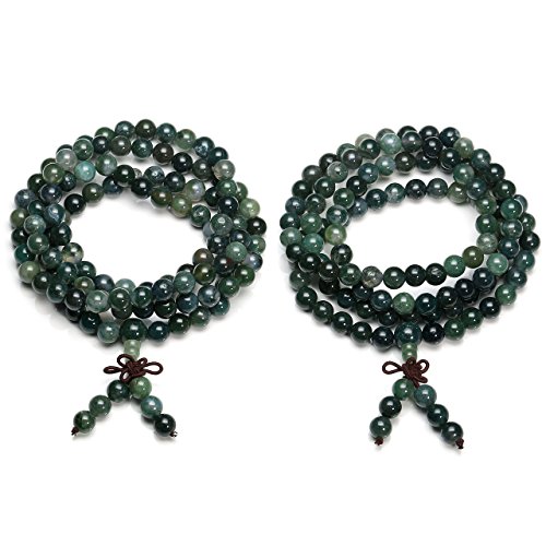 Jovivi 108 Mala Beads Bracelet 6mm 8mm Natural Indian Agate/Green Moss Agate Gemstone Healing Crystal Stone Beaded Bracelet Hand Knotted Prayer Mala Beads Necklace for Yoga Meditation Balance3