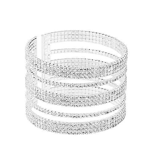 Multilayer Sparkling Silver Rhinestone Cuff Bracelet 11 Layers with Gift Box for Women Girls,Silver Rhinestone Bracelet Crystal Bangle Strand Wrap Bracelet for Party Prom Wedding