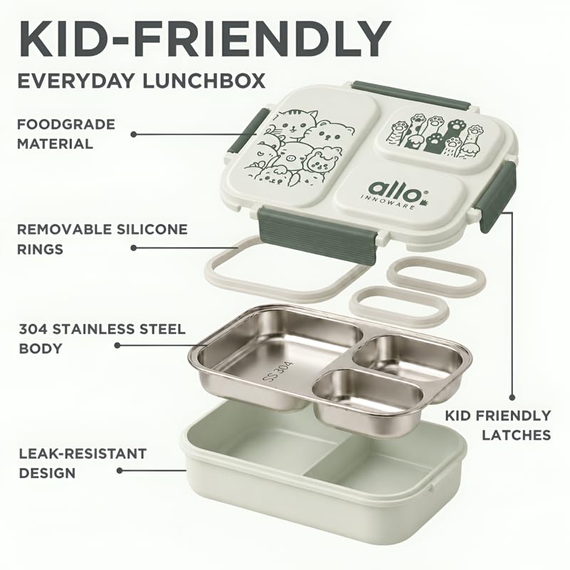 Image of Allo Bento Stainless Steel Lunch Box for Kids- BIS Approved, 304 Stainless Steel 3 Compartment Leakproof Tiffin Box for Boys and Girls for School, Travelling, Baby Snacks, 740ml Green Cats