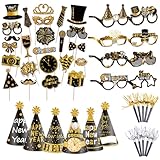 48 Accessoires Photo Nouvel an, Déco Nouvel an 2026 Set Décoration, Accessoires Photo Noir Or Lunettes Chapeau Fête pour Décorations Party Nouvel an