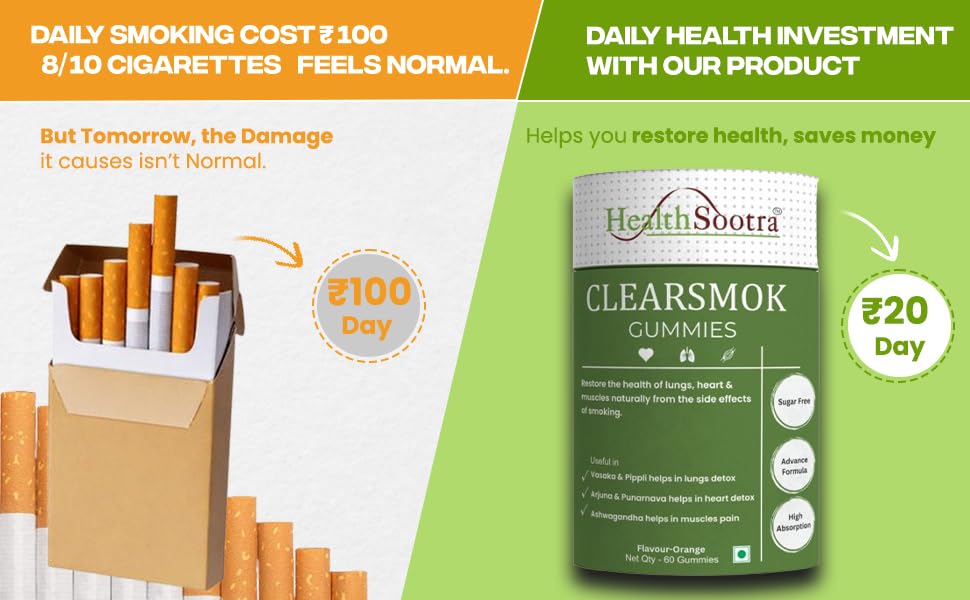 Image of Clearsmok Gummies - Unique Formulation Recover From Side Effects of Smokings on Heart , Lungs & Muscles| Sugar-Free Orange Flavor | Vasaka, Pippali, Arjuna, Punarnava, Ashwagandha | Advanced Formula | Natural Ingredients | 60 Gummies Pack | Complete Detox (Pack of 1)