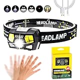 Utaxuper Linterna frontal LED recargable, 5 modos de iluminación, funciona con pilas, recargable por USB, sensor de movimiento, linterna frontal para exteriores, para camping, correr, senderismo,