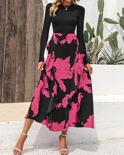 Image of BTFBM Womens Floral Maxi Dress Fall 2025 Casual Crewneck Long Sleeve Ruffle Flowy Cocktail Wedding Guest Dresses