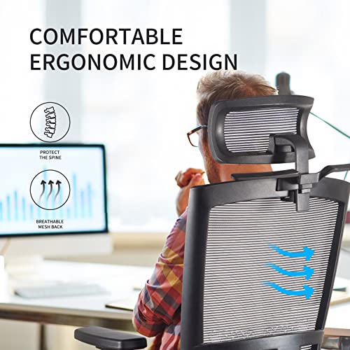 Garlifur Ergonomic Mesh Office Chair, High Back Desk Chair -Adjustable Headrest With Hanger, Tilt Function, Lumbar Support, Pu Wheels & 3D Lift Armrest, Swivel Computer Task Chair - Black #TOP5