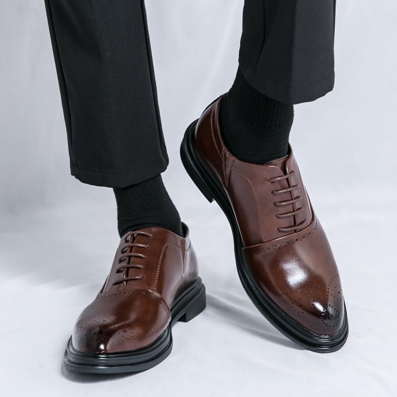 Dress Shoes for Men Lace Up Pointed Burnished Toe PU Leather Oxford Shoes Anti-Slip Rubber Sole Block Heel Prom3