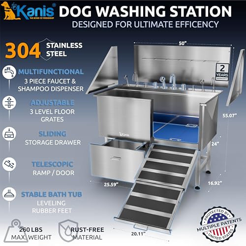 Image of KANIS Professional Dog Washing Station 304 Stainless Steel Pet Wash Sink & Grooming Bathtub w /Shower, Floor Grates and Storage for Large, Medium & Small Pets (Silver, 50 Inches, Right Ramp, 1 Drawer)