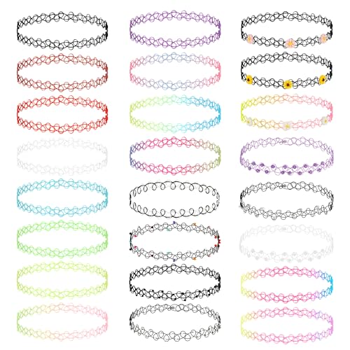 YiliYa Juego de 24 Gargantillas Elásticas, Cadena de Tatuaje, Collar de Goma, Collar Elástico para Mujer