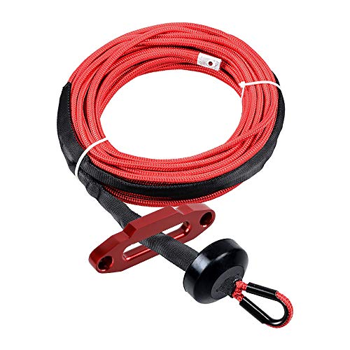 Astra Depot 50ft x 1/4" RED 7000lbs Synthetic UHMWPE 12-Strand Winch Rope All Heat Guard w/Winch Stopper & 4 4/5" Mount Anodized Red Winch Fairlead (Width: 1 3/4" - 4.5cm)
