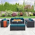 Patio Furniture Set 45-Inch Outdoor Fire Pits 7 PCS Outdoor Furniture Sets Patio Couch Outdoor Chairs 60000BTU Outdoor Propane Fire Pit Table No-Slip Cushions and Waterproof Covers, Peacock Blue