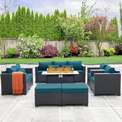 Patio Furniture Set 45-Inch Outdoor Fire Pits 7 PCS Outdoor Furniture Sets Patio Couch Outdoor Chairs 60000BTU Outdoor Propane Fire Pit Table No-Slip Cushions and Waterproof Covers, Peacock Blue