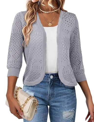 Image of REDHOTYPE Women's 3 /4 Sleeve Cardigan Open Front Cropped Shrugs Summer Hollowed Lightweight Cardigans Sweater (S-XL)