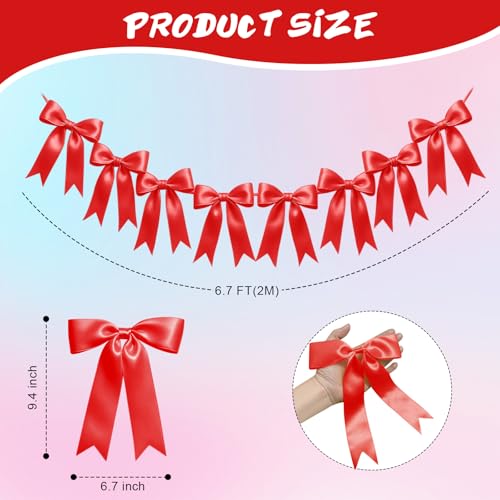Image of 1 String of 8PCS Red Bow Garland Banner Decoration,Pre-Strung Satin Ribbon Ornaments for Birthday,Bachelorette Party, Bridal Shower,Wedding,Engagement, Baby Shower,Graduation Decor,Valentine's Day