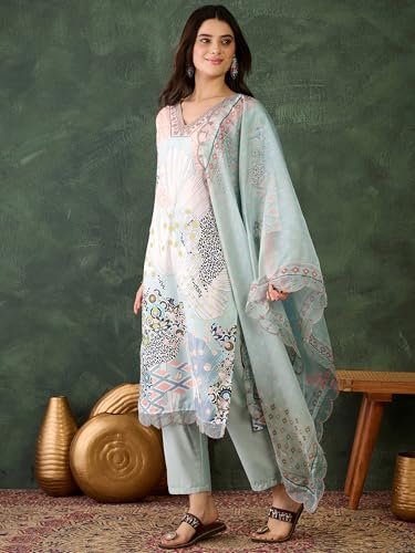 Image of Naixa Women's Organza Embroidered Straight Kurta with Pant and Dupatta Sets (NX-453)