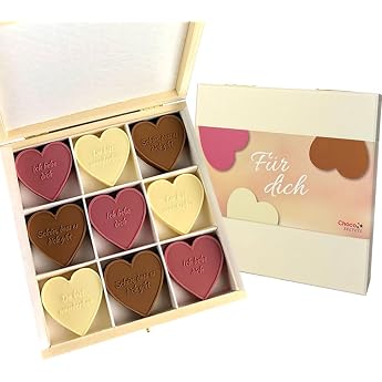 High Quality Chocolate Hearts Gift Box - 27 Handmade Chocolate Hearts with Love Sayings in Elegant Wooden Box - Beautiful Gift Heart Chocolate - Chocolate in Best Quality CHOCO SECRETS